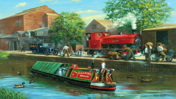 Картинка рисованное живопись баржа канал пейзаж паровоз утки город автомобиль cadbury люди