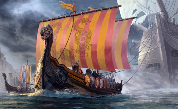 обоя фэнтези, корабли, небо, волны, море, драккар, корабль-дракон, викинги, мореходы
