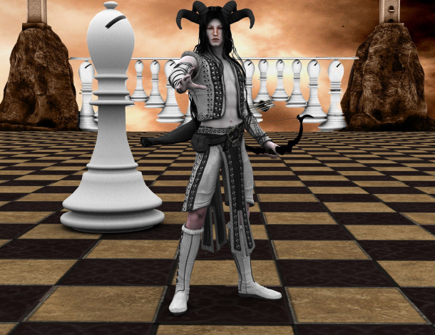 Обои картинки фото 3д графика, фантазия , fantasy, кастаника, шахматы, мужчина, фон, взгляд, лук