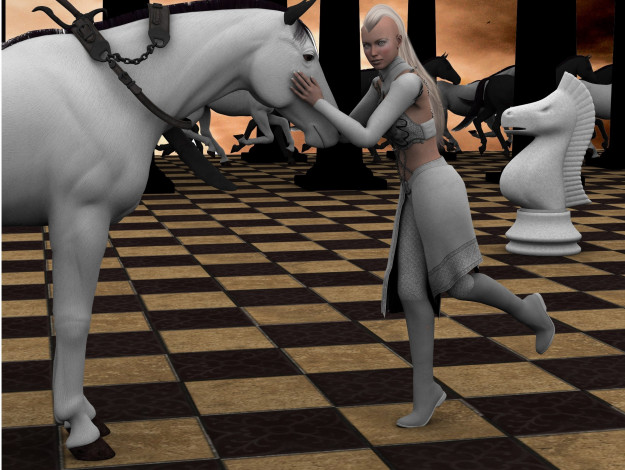 Обои картинки фото 3д графика, люди , people, лошадь, мужчина, взгляд, фон, шахматы