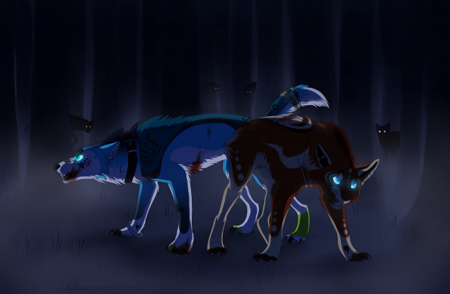 Обои картинки фото рисованное, животные,  волки, волки, ночь, лес