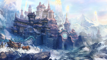 Картинка фэнтези замки животные горы холод скалы арт повозка снег