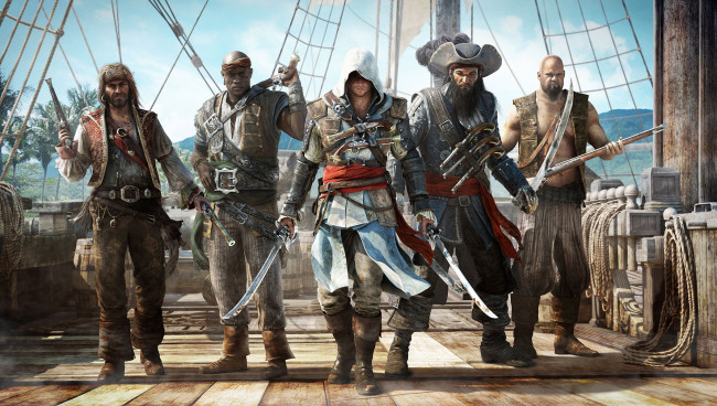 Обои картинки фото видео игры, assassin`s creed, пираты, люди, флибустьеры, команда, палуба, мачта, корабль