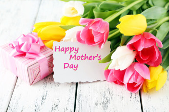 Картинка праздничные день+матери подарок тюльпаны записка бант