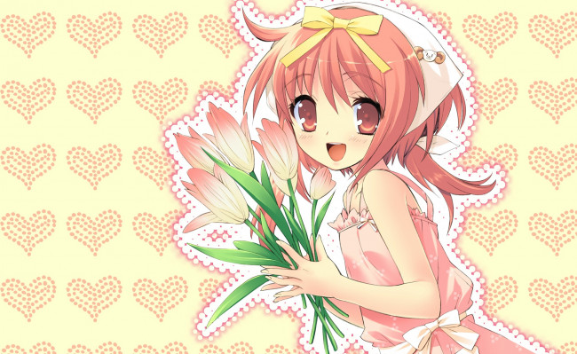 Обои картинки фото аниме, nanatsuiro drops, тюльпаны, букет, цветы, девушка