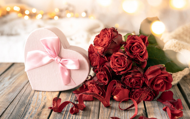 Обои картинки фото праздничные, день святого валентина,  сердечки,  любовь, розы, подарок, розовая, лента, бант