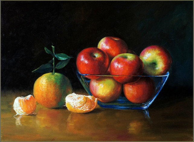 Обои картинки фото рисованные, еда, яблоки, мандарин