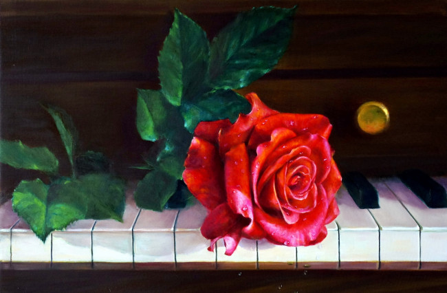 Обои картинки фото рисованные, цветы, клавиши, роза, пианино
