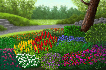 Картинка рисованные живопись парк деревья цветы