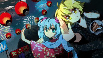 Картинка аниме vocaloid девушка marirero a art ночь салют абон праздник юкаты радость настроение kagamine len парень hatsune miku