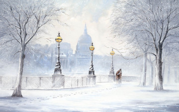 Картинка рисованные города парк зима фонари деревья