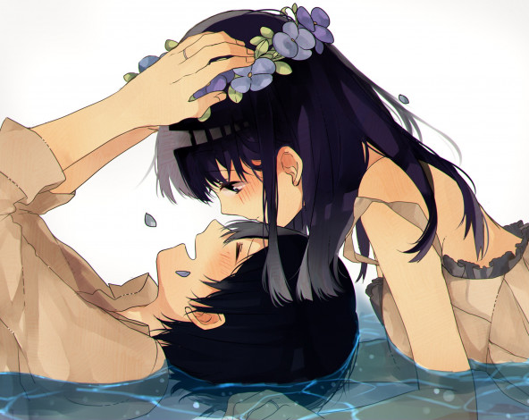 Обои картинки фото аниме, *unknown , другое, вода, венок, девушка, aa11, арт, парень, радость, лепестки