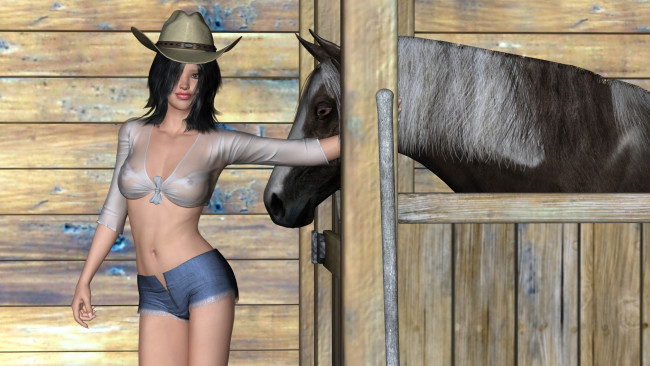 Обои картинки фото patsy at the barn, 3д графика, people , люди, девушка, взгляд, сарай, лошадь, фермер