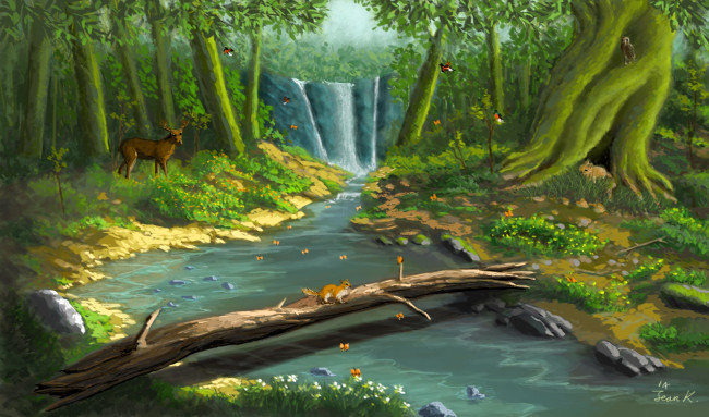 Обои картинки фото рисованные, живопись, животные, река, лес