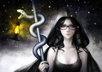 Картинка фэнтези девушки змея арт девушка очки фонарь капюшон