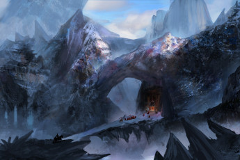 Картинка фэнтези пейзажи арт мост плащи люди всадник снег храм скалы холод