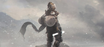 Картинка фэнтези роботы +киборги +механизмы зима снег ветер фантастика шлем костюм человек наемник арт