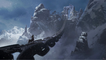 Картинка фэнтези иные+миры +иные+времена снег холод скалы оружие мост девушка арт фэнтази