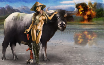 Картинка фэнтези девушки взрыв буйвол азиатка автомат девушка
