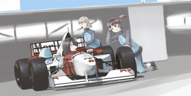 Обои картинки фото аниме, girls und panzer, девушки, гоночная, машина