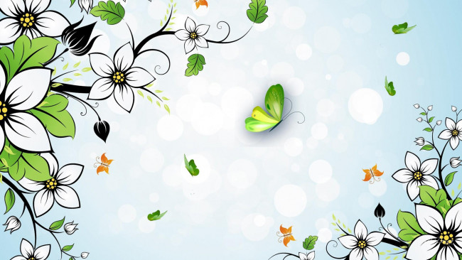 Обои картинки фото векторная графика, природа , nature, цветы, бабочки, фон