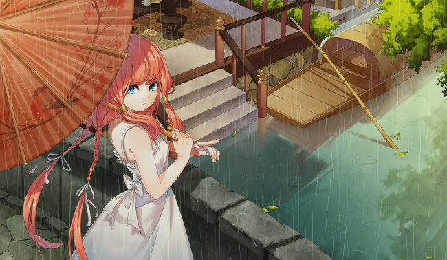 Обои картинки фото аниме, город,  улицы,  здания, зонтик, фон, взгляд, девушка, лодка, река