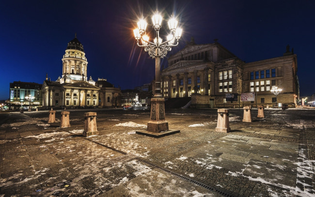 Обои картинки фото города, берлин , германия, зима, снег, фонарь, вечер