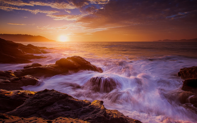 Обои картинки фото природа, восходы, закаты, рассвет, солнце, камни, берег
