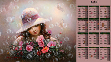 обоя календари, рисованные,  векторная графика, девочка, шляпа, цветы