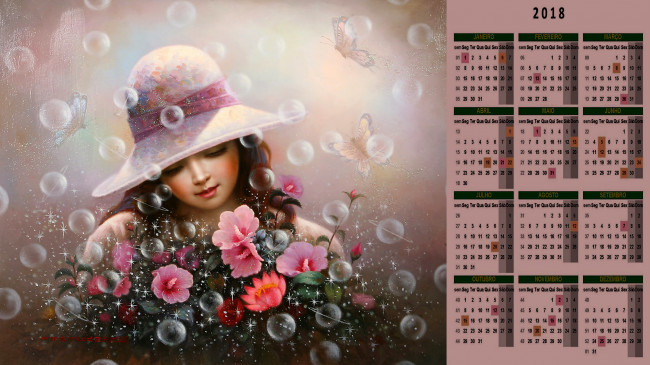 Обои картинки фото календари, рисованные,  векторная графика, девочка, шляпа, цветы