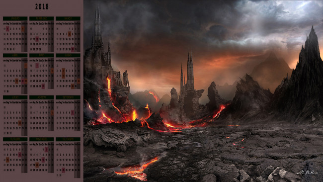 Обои картинки фото календари, фэнтези, замок, скала, лава