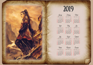 обоя календари, фэнтези, книга, гора, оружие, девушка, воительница