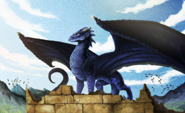 Картинка фэнтези драконы небо горы развалины крылья дракон