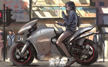 Картинка аниме оружие +техника +технологии улица рюкзак телефон мотоцикл девушка