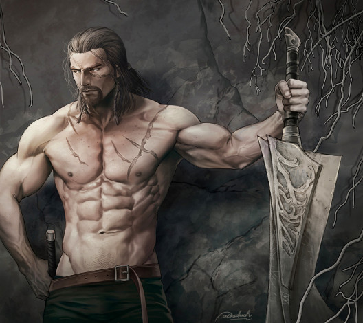 Обои картинки фото фэнтези, люди, меч, ремень, шрамы, мужчина