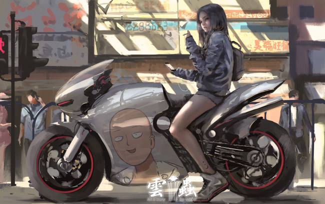 Обои картинки фото аниме, оружие,  техника,  технологии, улица, рюкзак, телефон, мотоцикл, девушка
