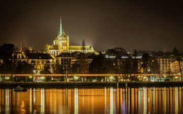 Картинка города женева+ швейцария река вечер огни