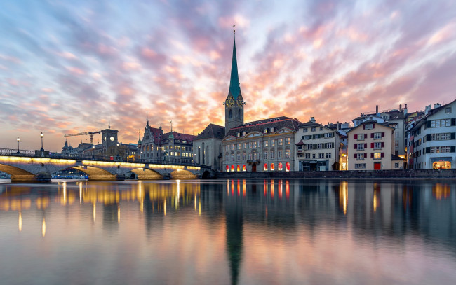 Обои картинки фото города, цюрих , швейцария, река, вечер, огни