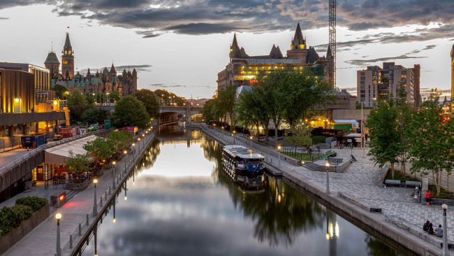 Обои картинки фото города, оттава , канада, река, набережная, вечер, огни