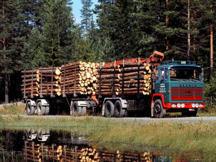Картинка автомобили scania грузовик лес бревна река дорога