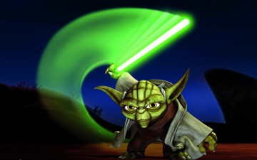 Картинка звездные войны клонов мультфильмы star wars the clone темный фон зеленый лазерный меч йода yoda