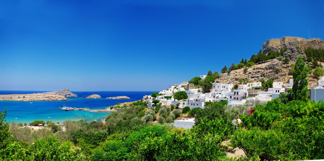 Обои картинки фото rhodes, island, greece, города, панорамы, остров, родос, пейзаж, дома, побережье, море, греция, крепость