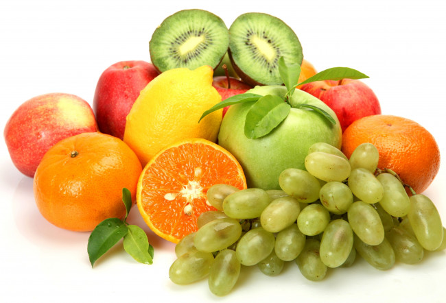 Обои картинки фото еда, фрукты, ягоды, яблоки, виноград, мандарины, лимон, киви