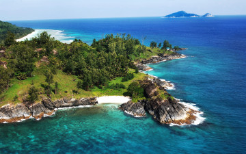 обоя silhouette, island, seychelles, природа, побережье, море, растительность, острова