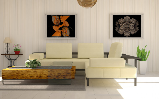 Обои картинки фото 3д, графика, realism, реализм, стол, картины, растение, диван