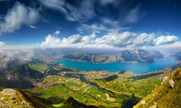 Картинка природа пейзажи небо панорама швейцария луга поля река
