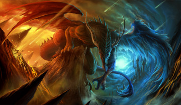 Картинка фэнтези существа крылья горы скалы небо облака огонь арт дракон