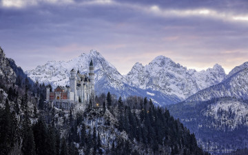 Картинка города замок+нойшванштайн+ германия панорама зима замок горы бавария нойшванштайн germany bavaria neuschwanstein castle