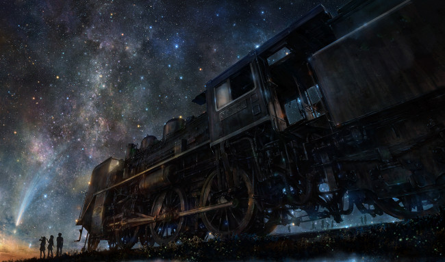 Обои картинки фото фэнтези, транспортные средства, люди, звёздное, небо, ночь, арт, силуэты, поезд, iy, tujiki, комета, девушки, парень
