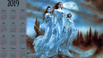 обоя календари, фэнтези, вампир, девушка, трое, женщина, дерево, calendar, 2019